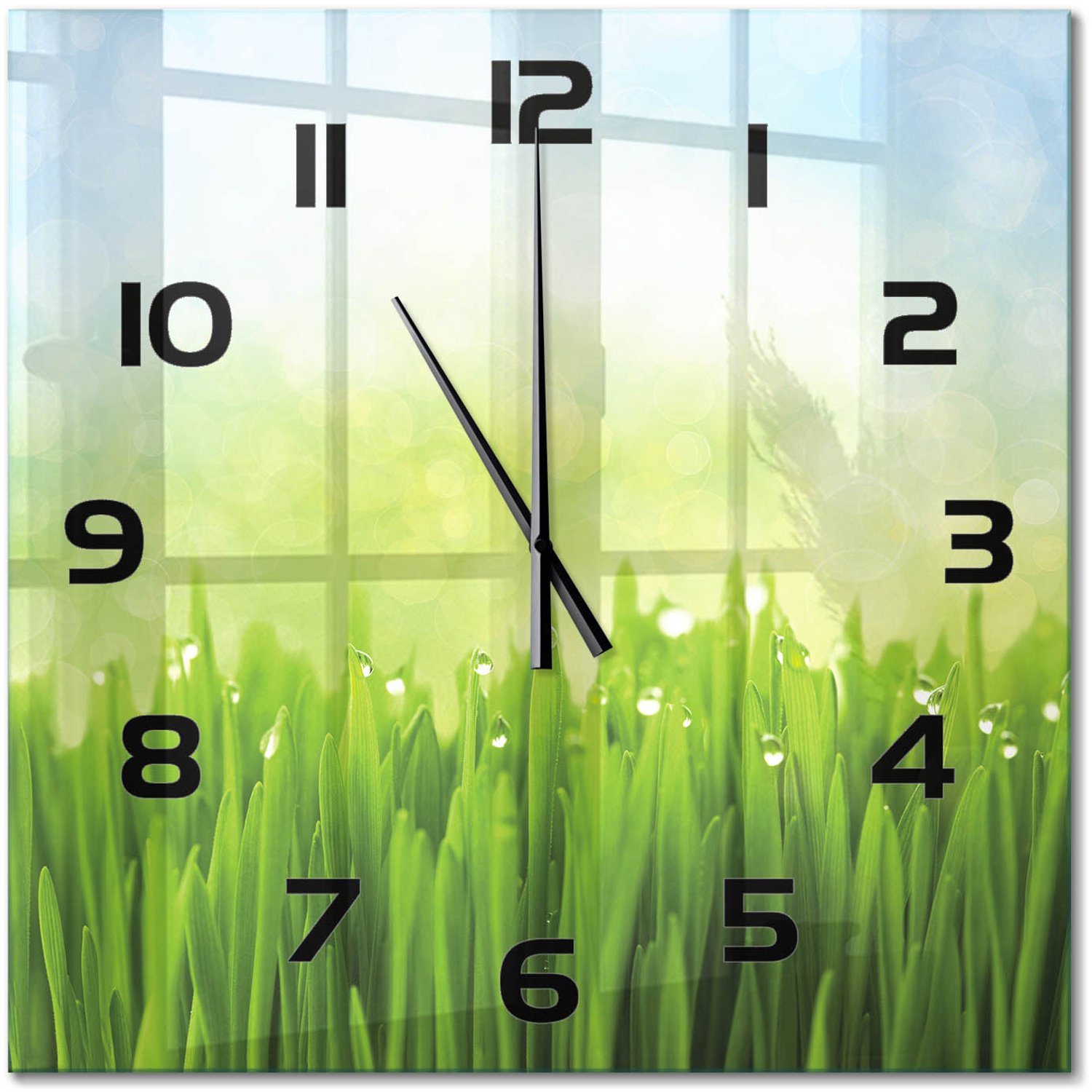 TULUP Wandklok - Gras Wandklok Glas Decoratie - 60x60 cm - Groente Gekleurde Glazen Klok - Zwarte handen - Vierkante Klok - Klok Glas Met Opdruk - Moderne Wandklok Glas