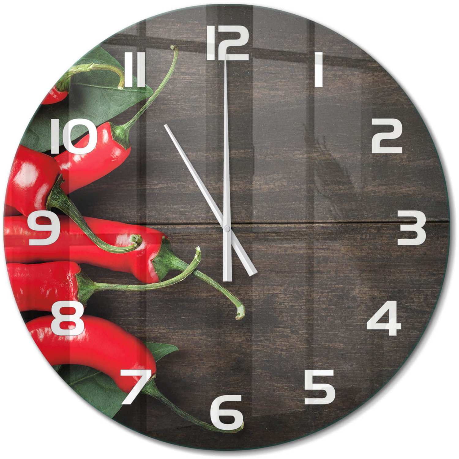 TULUP Wandklok - Chilipepers Glazen Klok Met Print - fi60 cm - Rood Wandklok Glas Met Motief - Witte handen - Ronde Klok - Wandklok Glas Decoratie - Gekleurde Glazen Klok