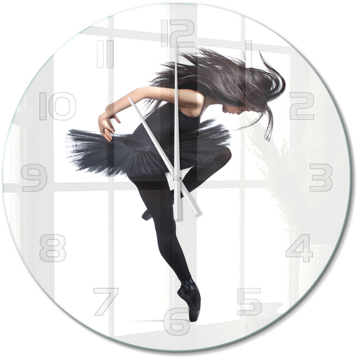 TULUP Wandklok - Ballerina Moderne Wandklok Glas - fi60 cm - Zwart Wandklok Glas Decoratie - Witte handen - Ronde Klok - Glazen Wandklok Design - Klok Glas Met Opdruk