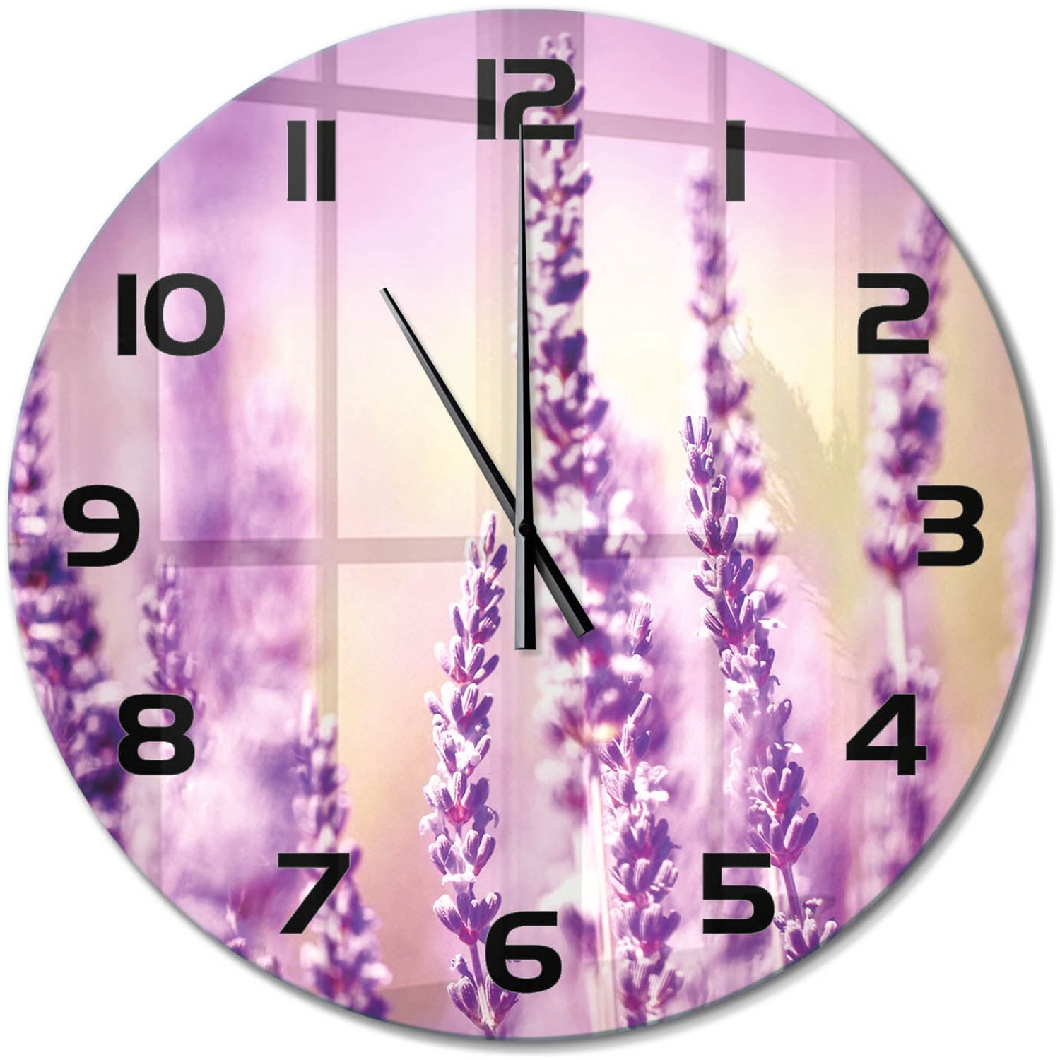 TULUP Wandklok - Lavendel Klok Glas Met Opdruk - fi60 cm - Paars Moderne Wandklok Glas - Zwarte handen - Ronde Klok - Decoratieve Glazen Klok - Glazen Wandklok Design