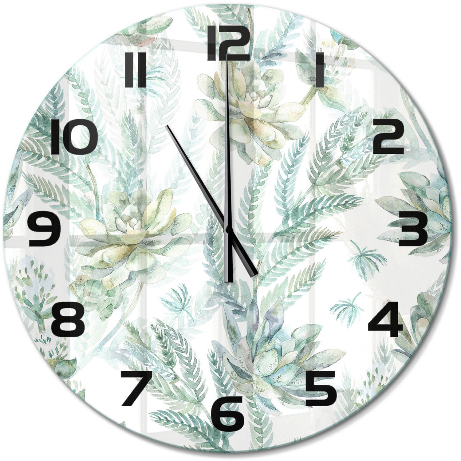 TULUP Wandklok - Bloemen en bladeren Klok Glas Met Opdruk - fi60 cm - Groente Moderne Wandklok Glas - Zwarte handen - Ronde Klok - Decoratieve Glazen Klok - Glazen Wandklok Design