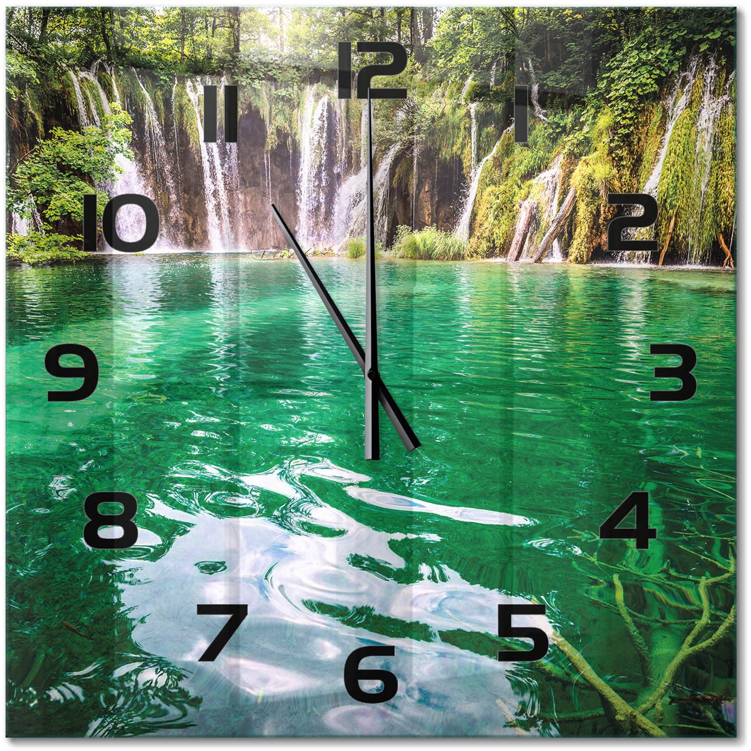 TULUP Wandklok - Plitvice-meren Klok Glas Met Opdruk - 60x60 cm - Groente Moderne Wandklok Glas - Zwarte handen - Vierkante Klok - Decoratieve Glazen Klok - Glazen Wandklok Design
