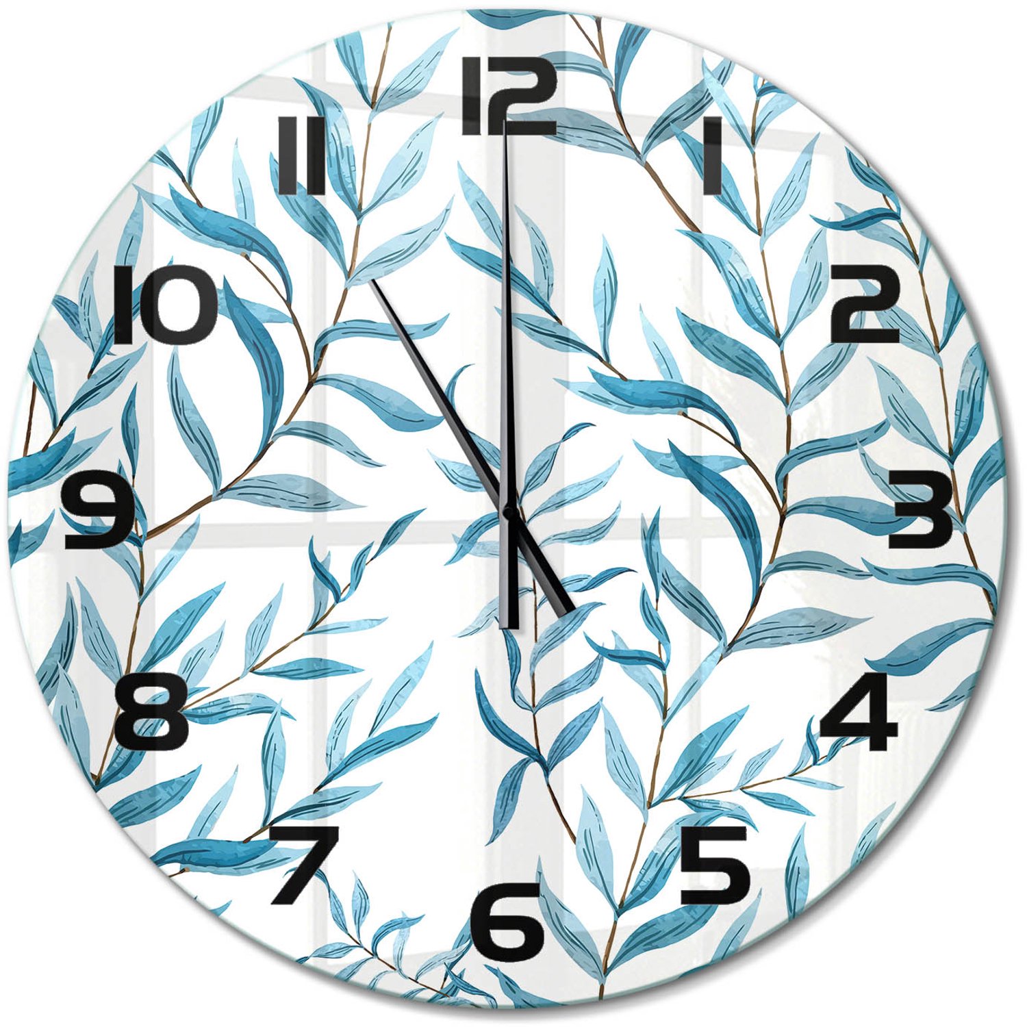 TULUP Wandklok - Bladeren Glazen Klok Met Print - fi60 cm - Blauw Wandklok Glas Met Motief - Zwarte handen - Ronde Klok - Wandklok Glas Decoratie - Gekleurde Glazen Klok
