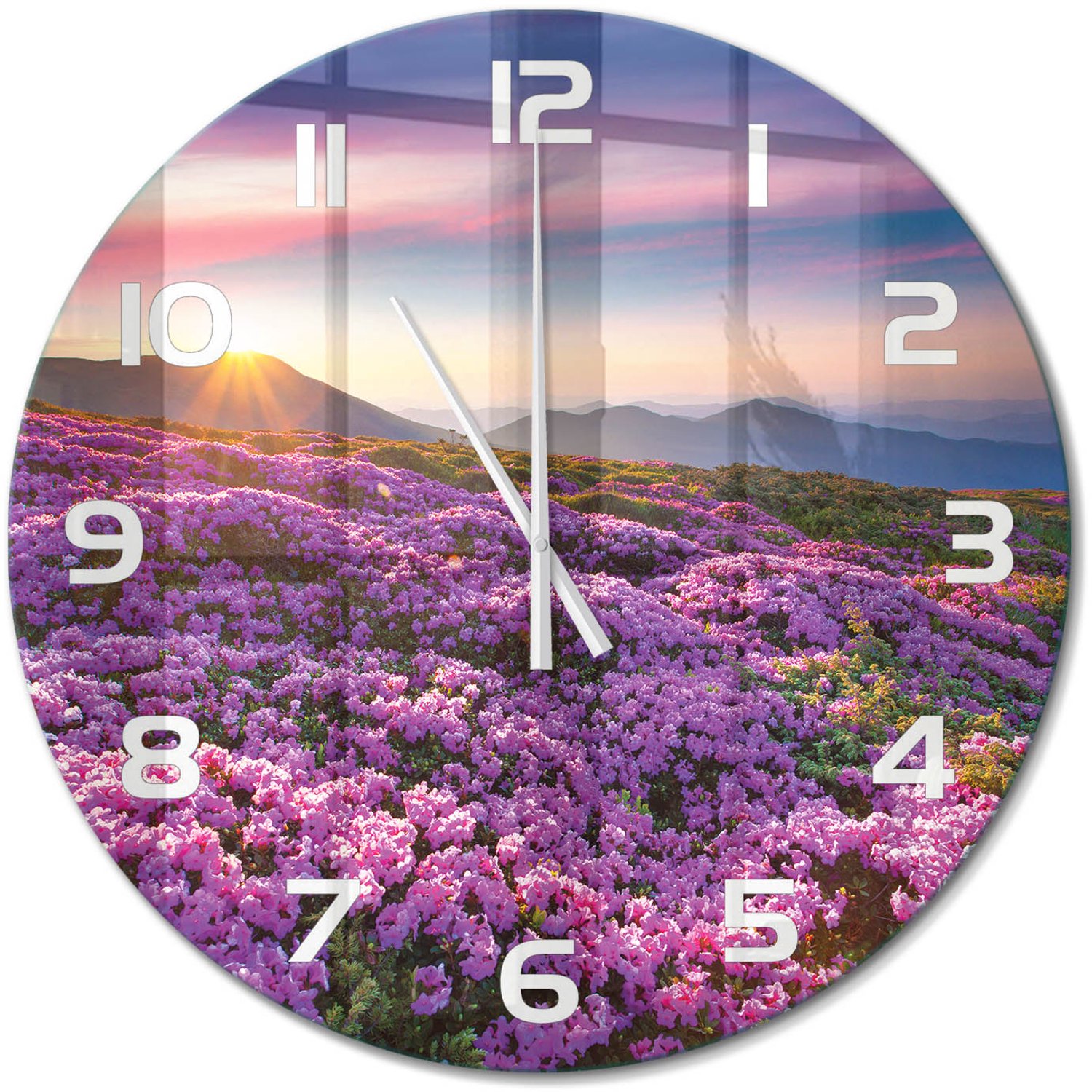 TULUP Wandklok - Bloemen in de bergen Klok Glas Met Opdruk - fi60 cm - Paars Moderne Wandklok Glas - Witte handen - Ronde Klok - Decoratieve Glazen Klok - Glazen Wandklok Design