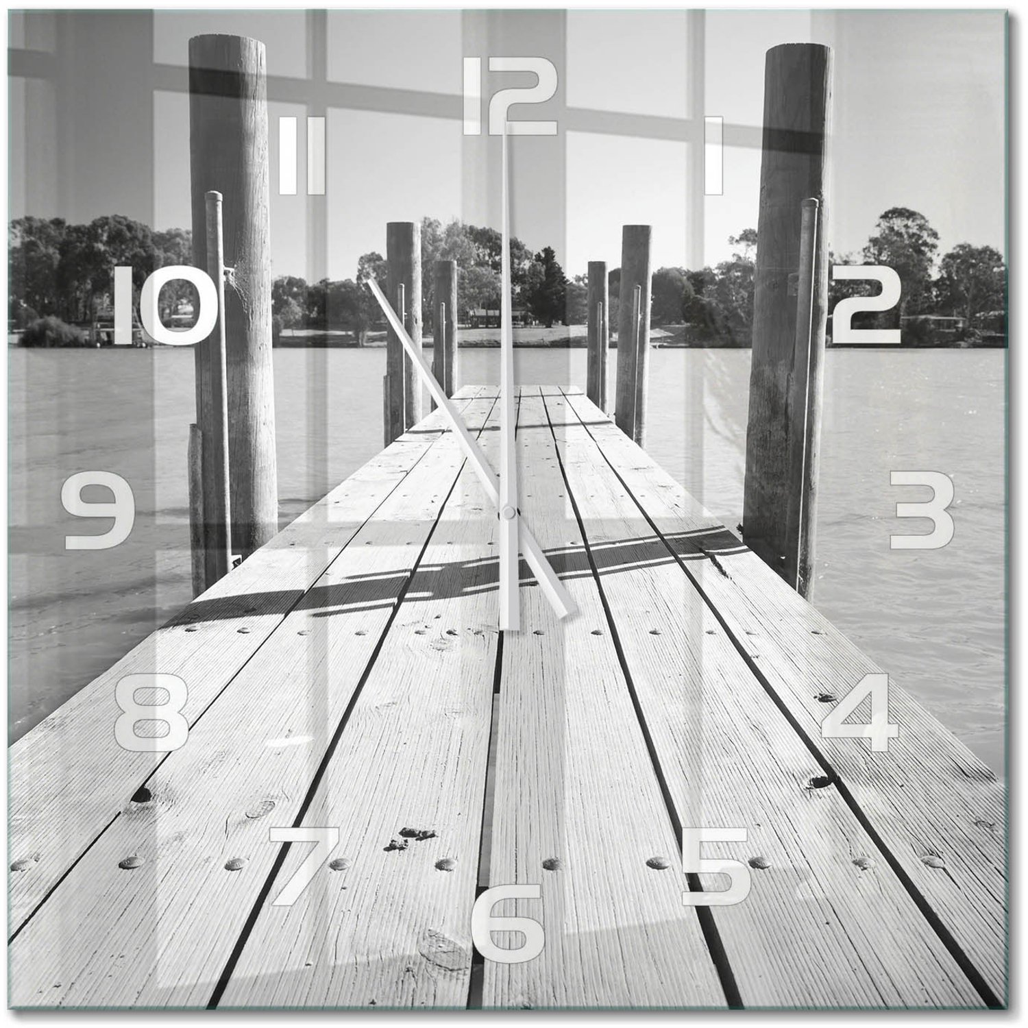 TULUP Wandklok - Houten brug Decoratieve Glazen Klok - 60x60 cm - Zwart-wit Glazen Wandklok Design - Witte handen - Vierkante Klok - Glazen Klok Met Print - Wandklok Glas Met Motief