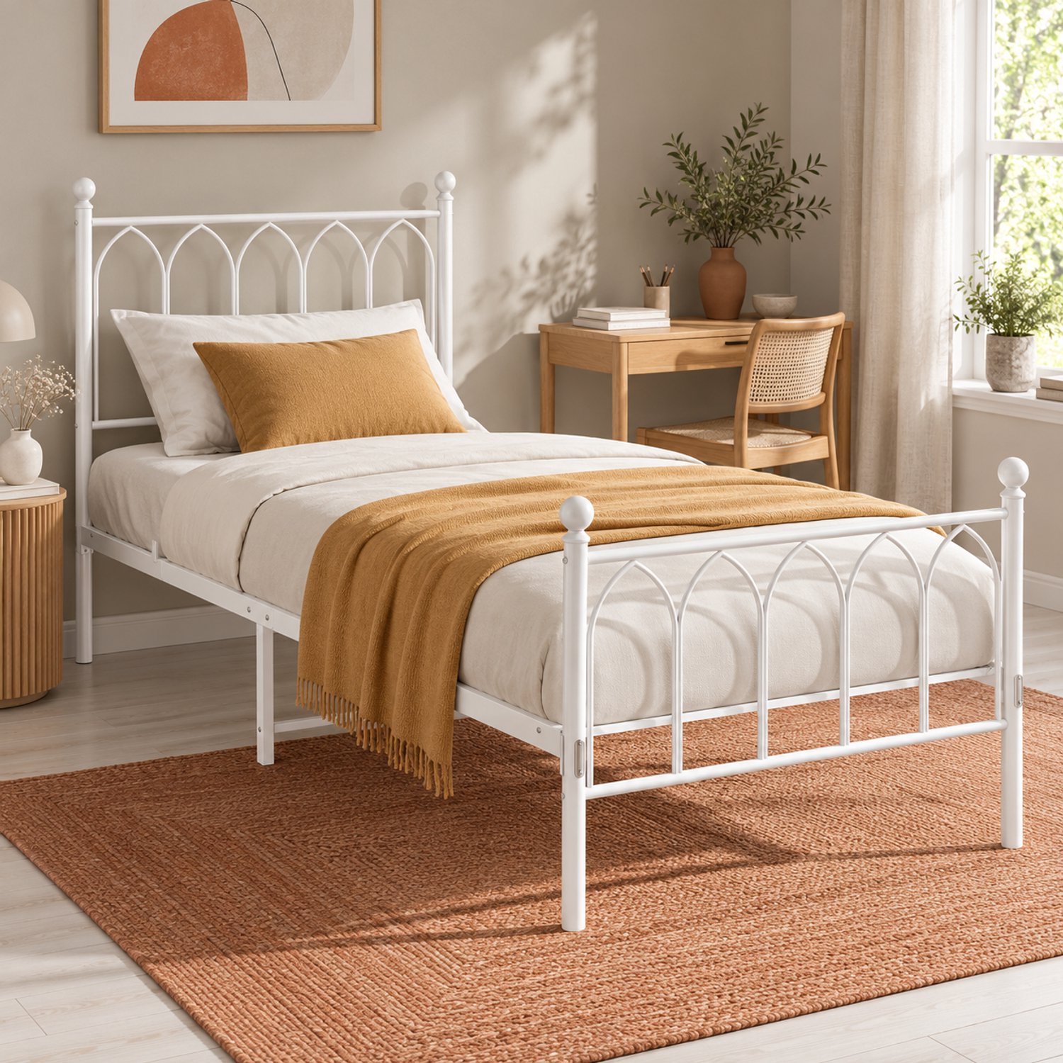 CHICFURN Tienerbed 90x200 cm - Voor tienerkamer of logeerkamer - Geluidsdempende strip - Metalen bedframe met lattenbodem - Staal - Wit
