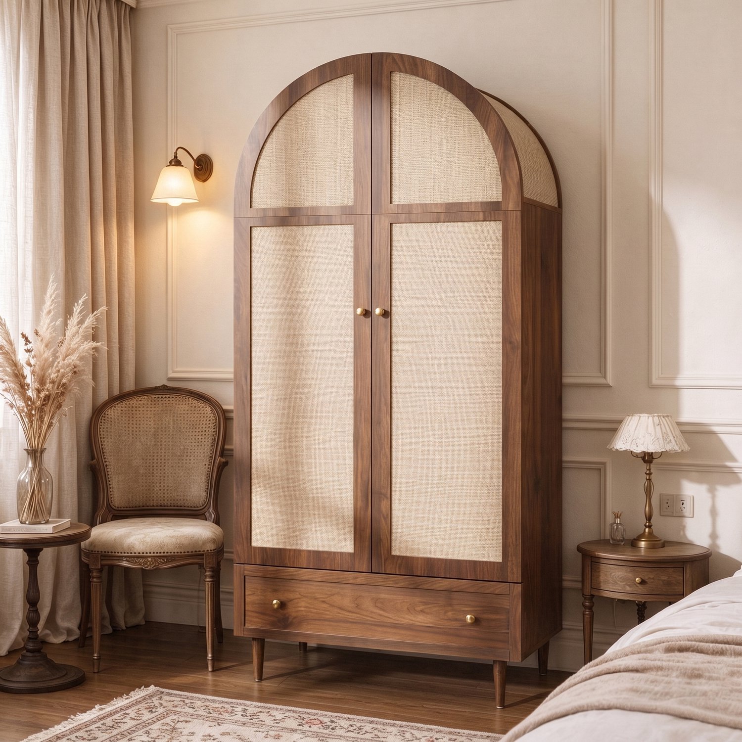Vovtenza Kledingkast - Kleiderschrank mit Schubladen - Holztüren mit Leinenstoff-Bezug - großer Stauraum - Garderobenschrank für Schlafzimmer - moderne Aufbewahrungslösung Hout