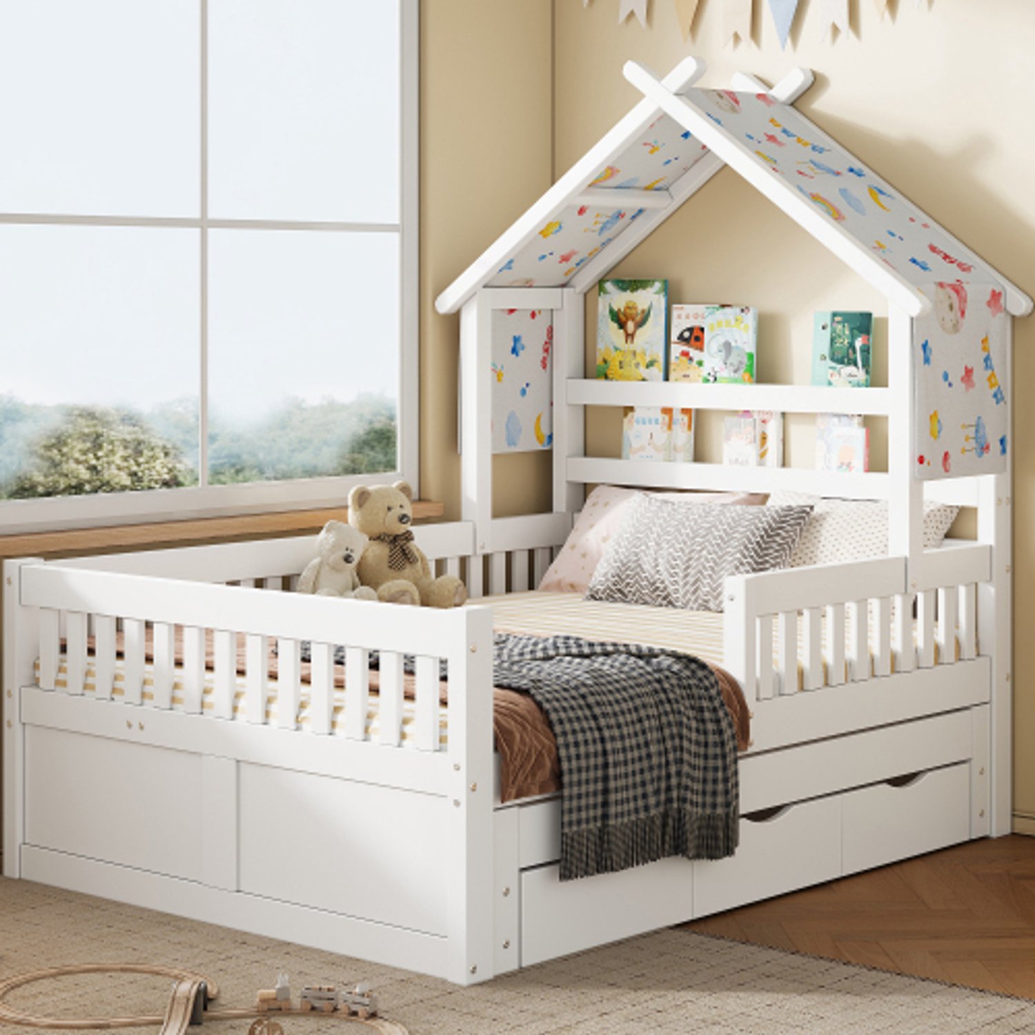 Zubaliya Kinderbed, Tweepersoonsbed, Houten platformbed, huisvorm, 140 x 200 cm, met uitschuifbed, 3 lades en veiligheidshekjes, wit.