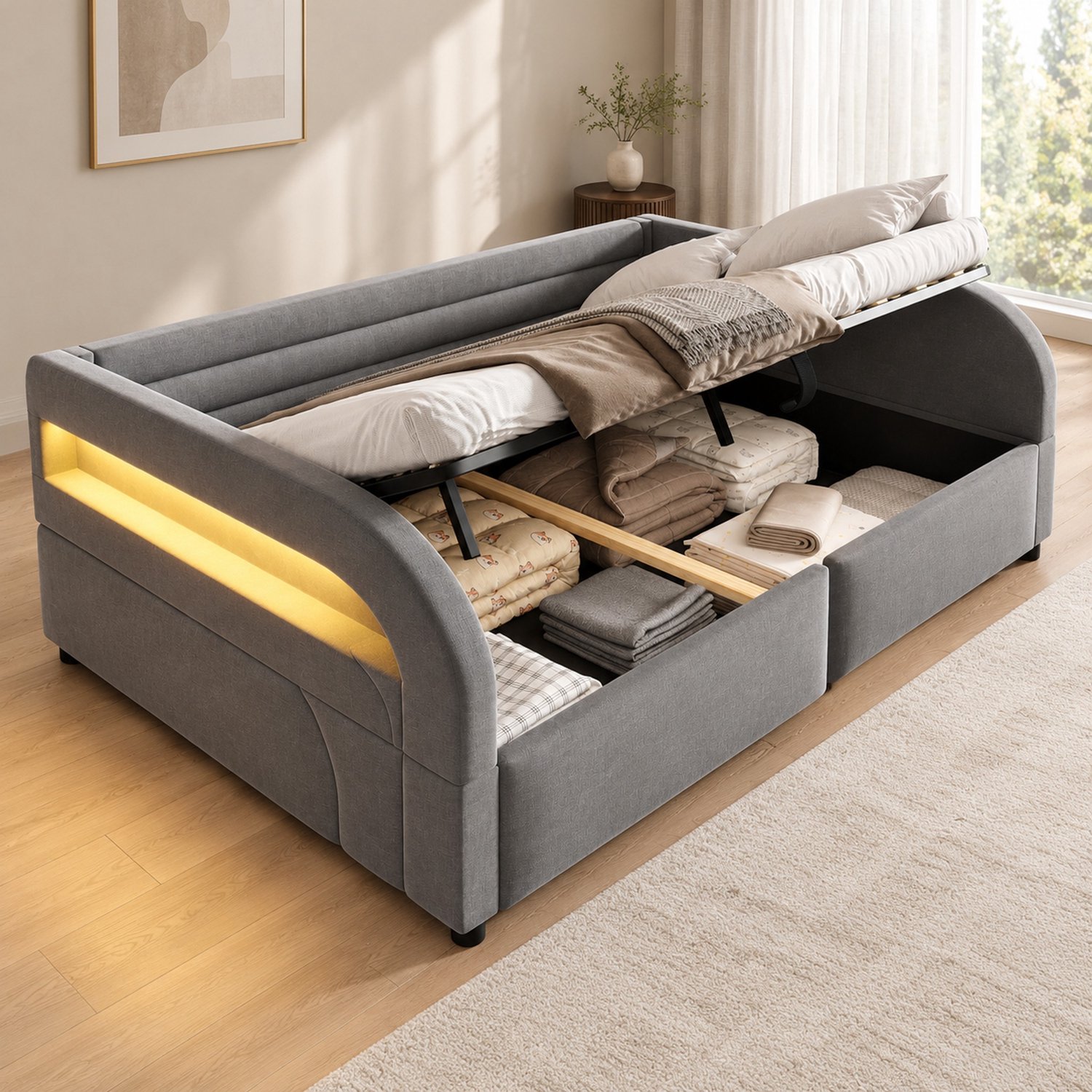 MIVRAY Gestoffeerd Bed 140x200 cm - Met Hydraulische Opbergruimte En LED Verlichting - Voor Slaapkame - Voor Slaapkamer - Flanel - Grijs- Zonder Matras