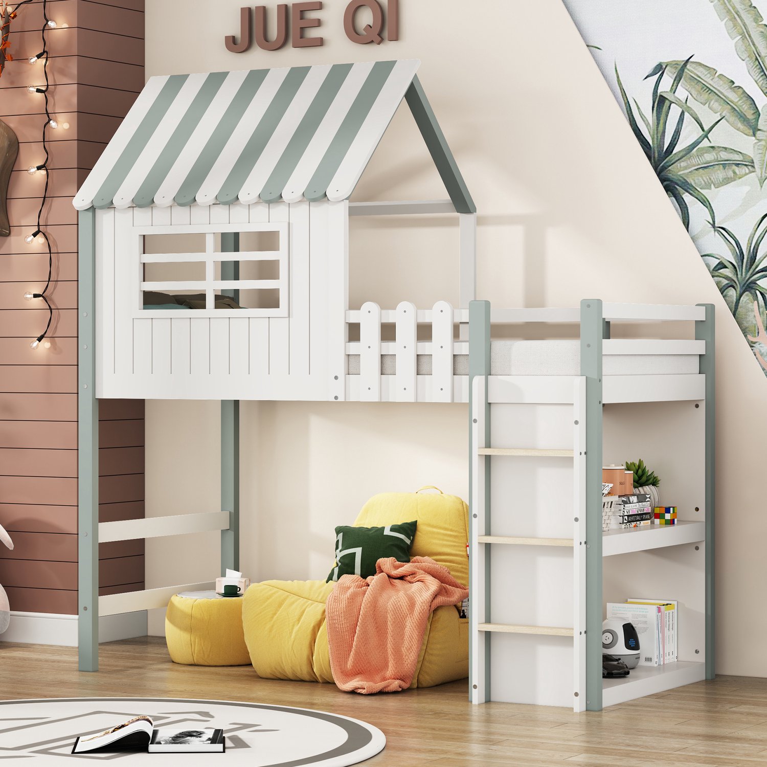 Vovtenza Kinderbed 90x200 cm - hoog en laag - bed voor jongens en meisjes - huiselijk bed met dak - veiligheidsladder en opbergvak - multifunctioneel bed - massief houten bed met lattenbodem - groente