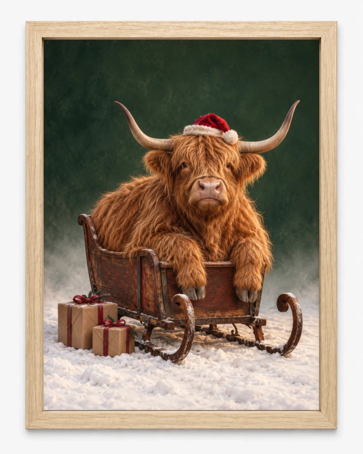 Joshimo Schotse Hooglander Kerstposter | Hooglander in Arreslee | Inclusief Lichtbruine A4 Lijst
