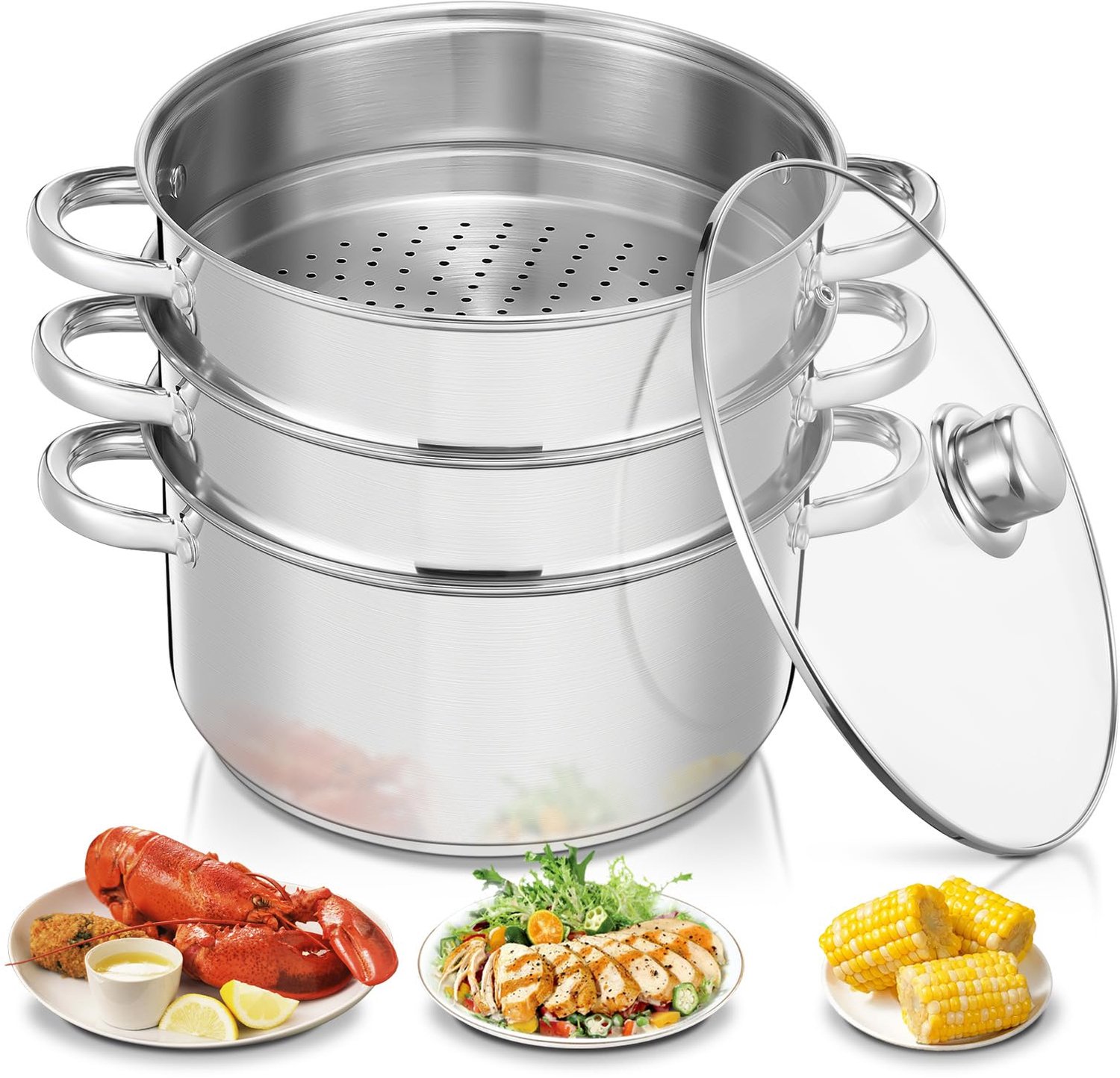 RVS Stoomkoker 26 cm met Glazen Deksel en 2 Stoominzetstukken