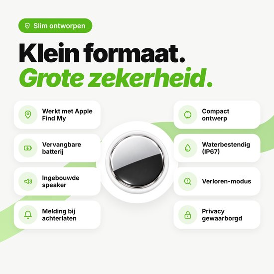 Overzicht van de eigenschappen van de Guardyan tracker, inclusief Apple Find My en IP67.