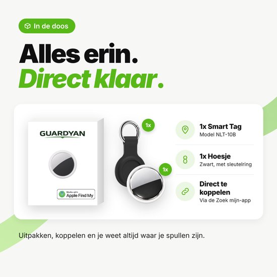 Inhoud van de doos: een Guardyan tracker en een zwarte sleutelhanger met ring.