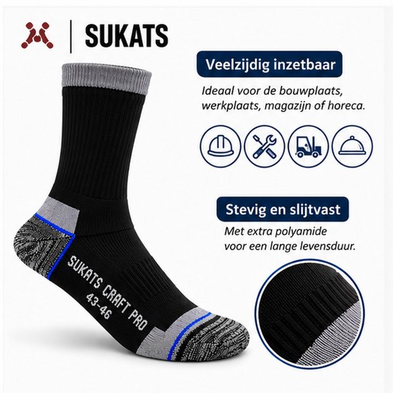 Zwarte werksokken met grijze details, geschikt voor bouw en horeca. Slijtvast ontwerp met extra polyamide.