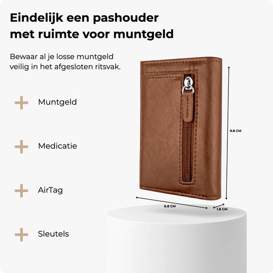 Bruine Vylento pasjeshouder met ritsvak aan de achterzijde, getoond op een witte standaard met afmetingen.