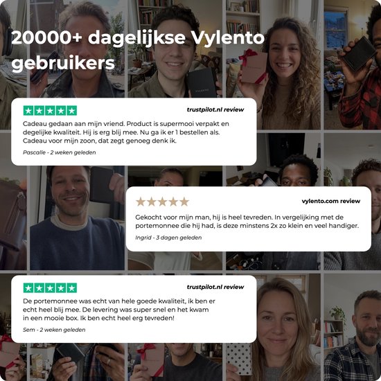 Collage van diverse tevreden Vylento-gebruikers met hun nieuwe pasjeshouder in een geschenkdoos.