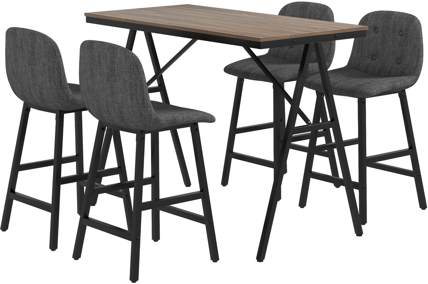 5-delig Bartafel Set Donkergrijs 120x60x91cm met 4 Barstoelen 49x43x91cm Gestoffeerd Linnenlook Knoopdetail Metaal Frame Voetsteun Keuken Eetkamer Bar
