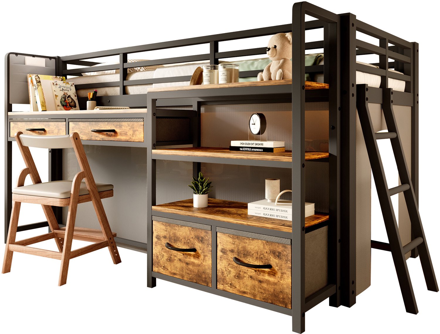 REDOM Hoogslaper 90x200 cm - Met bureau, planken, stoffen lades en LED-verlichting - Zwart
