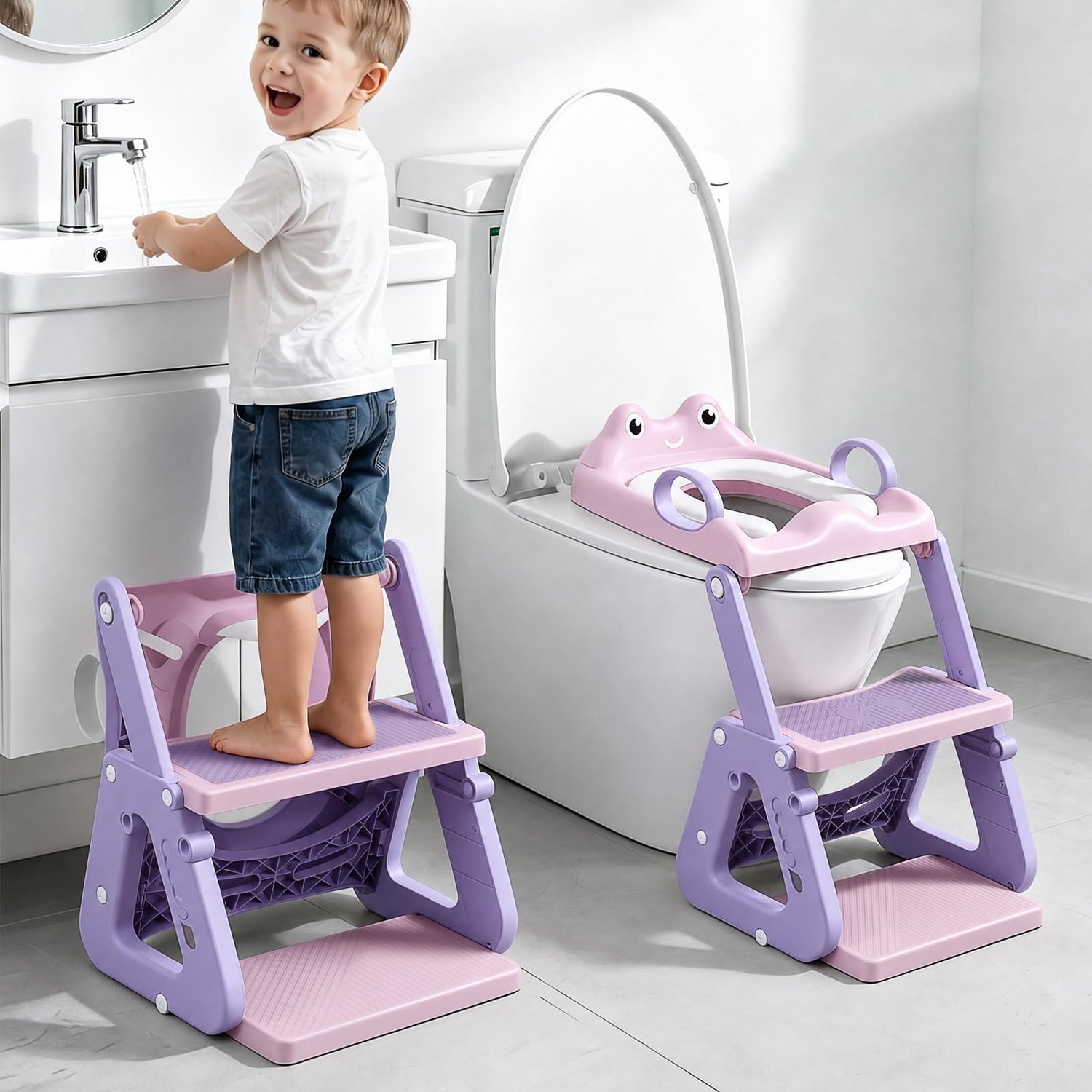 Verstelbare Kindertoiletbril met Trapje, Paars Roze