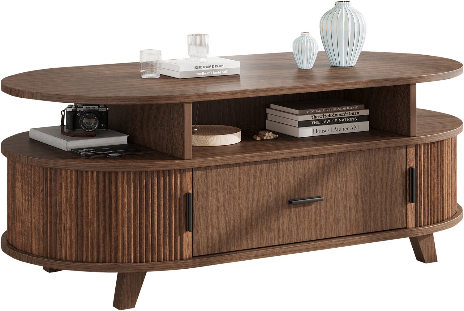 REDOM Ovale salontafel 100x50x40 cm - 1 lade, 2 roldeuren en open vakken - Walnootkleur