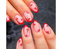 Kunstvingernagels 24 Stuks - Rode Kersen French Tip - Korte Amandelvorm - Herbruikbare Acryl - Volledige Bedekking - Inclusief Nagelvijl - Press-on Nagels