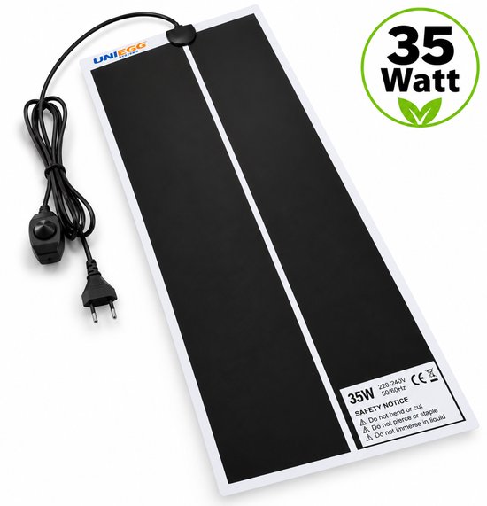 Zwarte 35W Uniegg warmtemat met snoer, stekker en temperatuurregelaar op witte achtergrond.