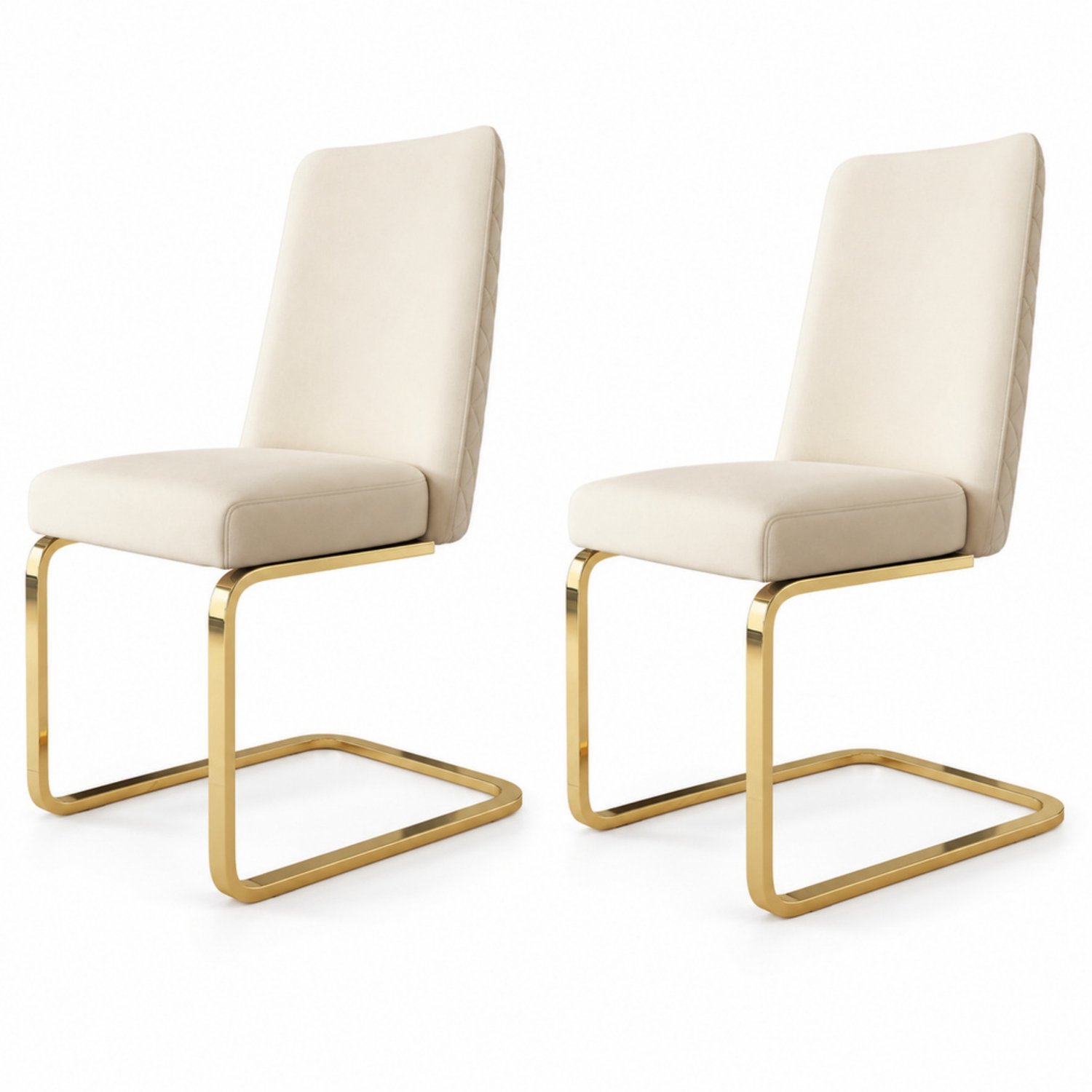 LONG DRAGON - Velvet eetkamerstoelen - Set van 2 - Ruitpatroon op rugleuning - Goudkleurige metalen poten - Voor woonkamer en slaapkamer - Beige / Goud