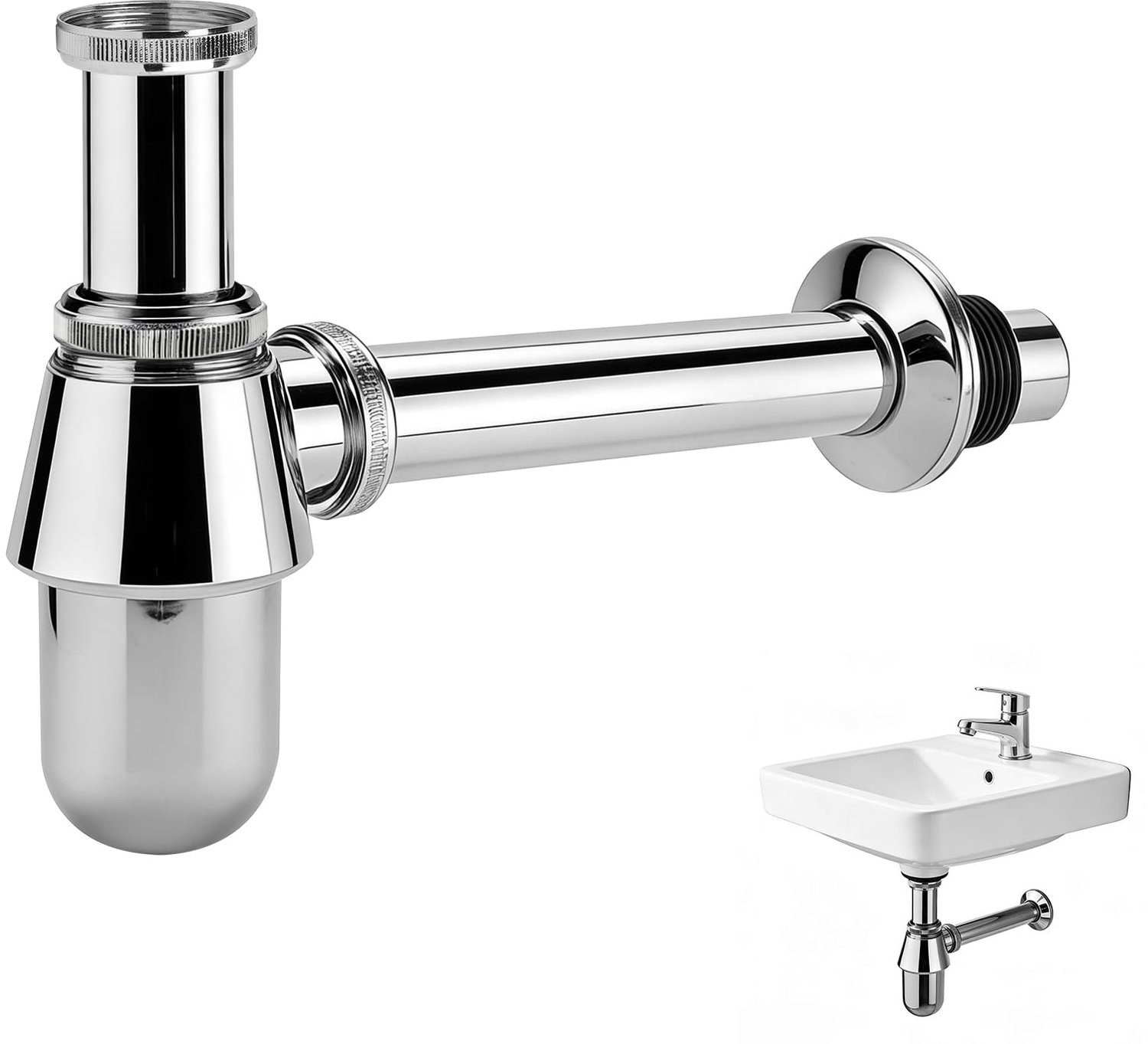 Universele Siphon voor Washbasin met Reinigingsopening, Chroom