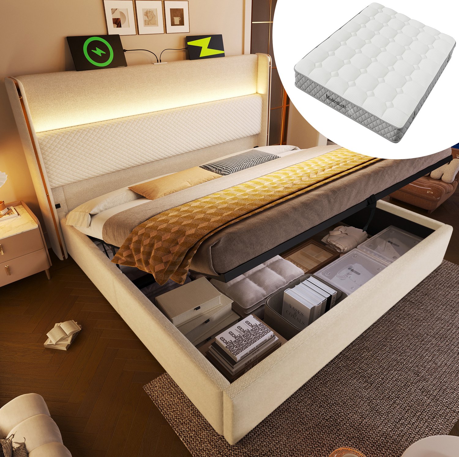 MEUNIQ tweepersoonsbed 180 x 200 cm met matras, hydraulische opbergruimte, lattenbodem, ledverlichting en USB- en USB-C-aansluiting, beige