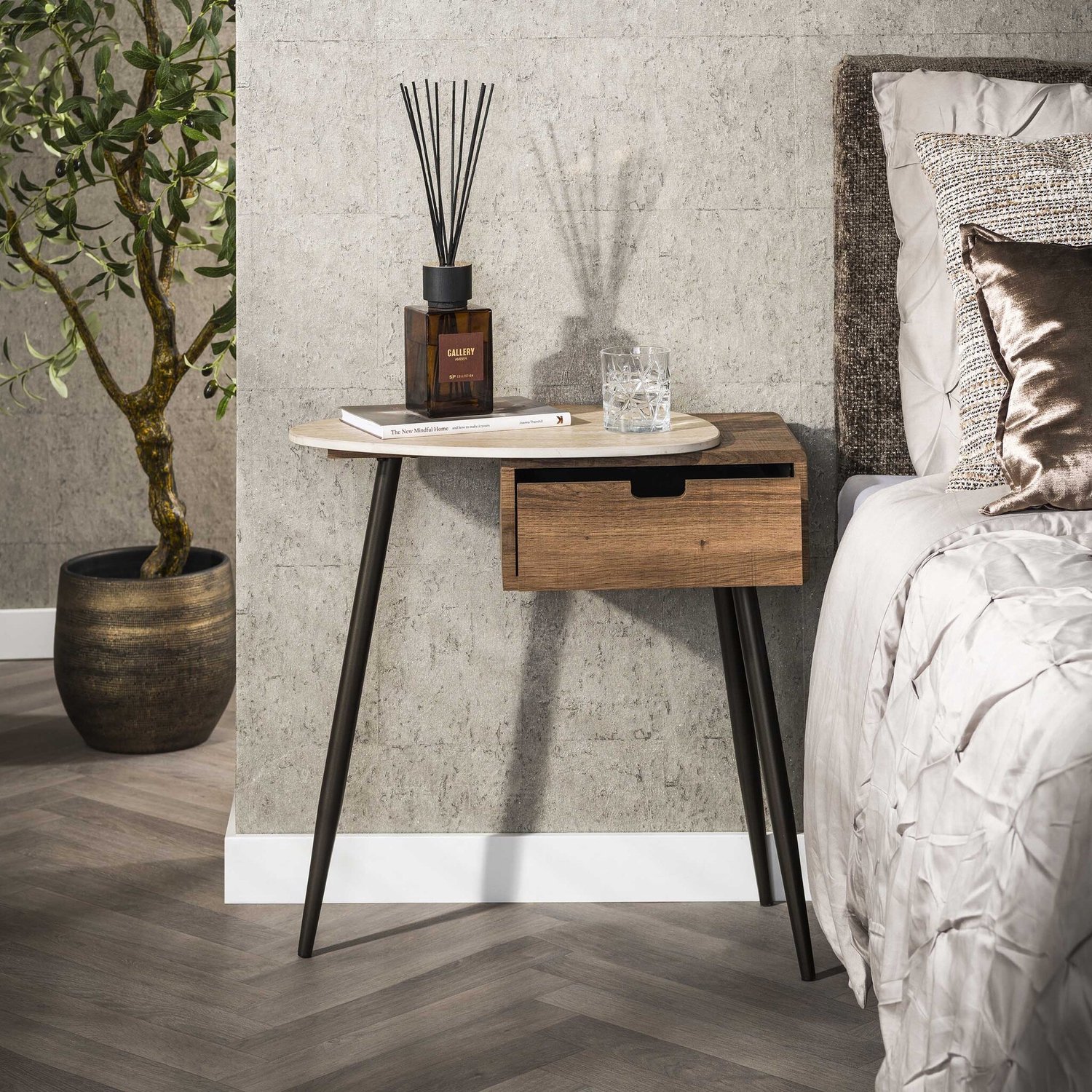Alaska Travino - Nachtkastje - 1 lade links - 3D keramiek travertin - 60 x 35 x 60 cm Beige