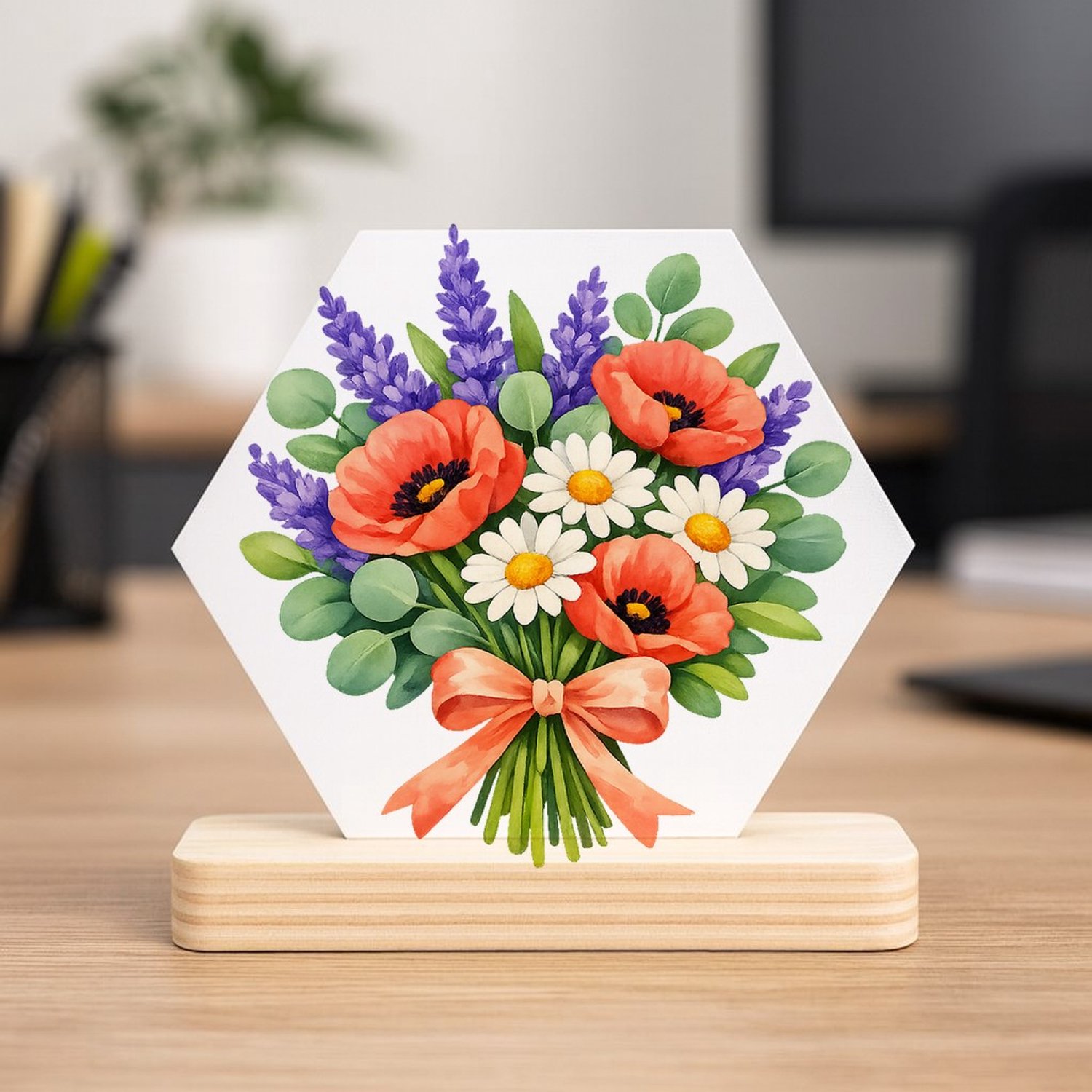 Mr Cadeautjes MDF fotolijst/inleg hexagon 14 x 13 - design Aquarel wilde bloemen boeket | cadeau Wit