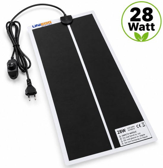 Zwarte Uniegg warmtemat van 28x53cm met 28W vermogen, inclusief snoer en temperatuurregelaar.