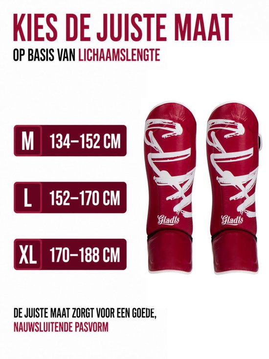 Maattabel voor Gladts scheenbeschermers in bordeauxrood met wit logo, ingedeeld op lichaamslengte van 134 tot 188 cm.