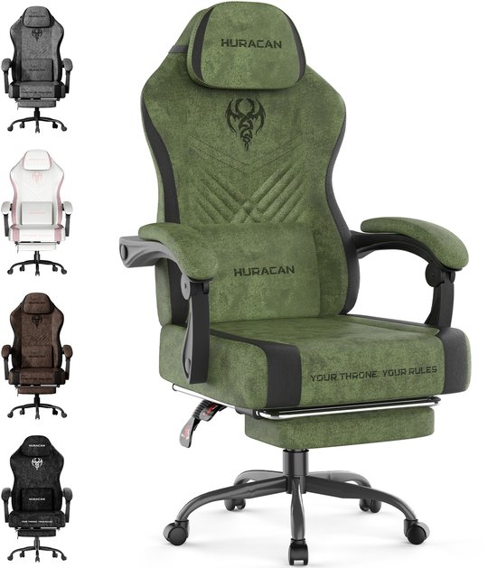 Groene gamingstoel met voetensteun, naast vier kleine voorbeelden van de beschikbare kleurvarianten.