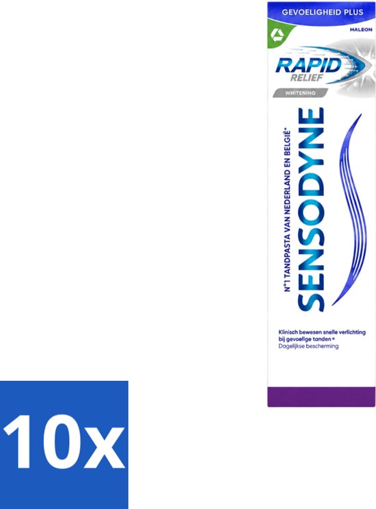 10x Sensodyne Rapid Relief Whitening tandpasta verpakking voor gevoelige tanden, met klinisch bewezen snelle verlichting.