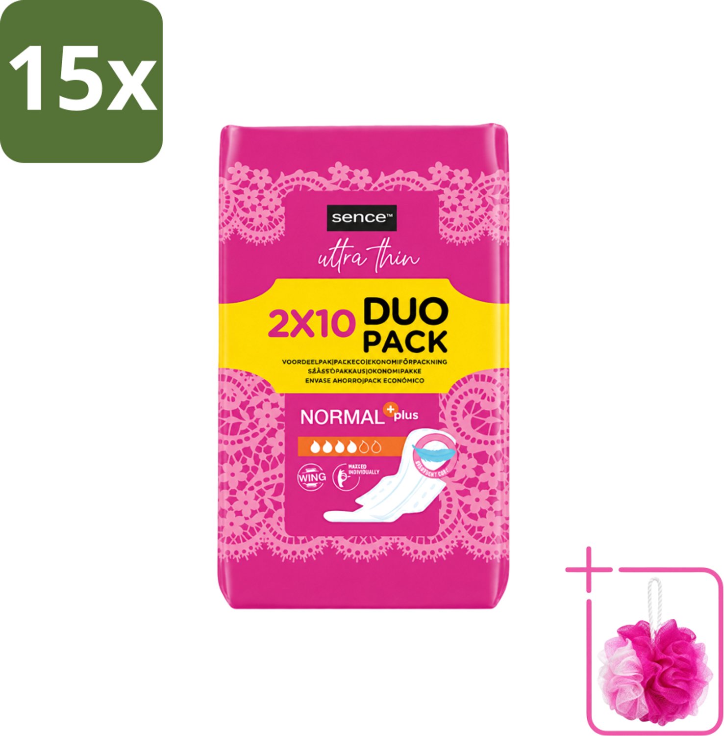 15 x Sence - Normaal - Maandverband - Met Vleugels - 2 x 10 Maandverbanden - Bulkverpakking - Maandverband - Douchemop - Menstruatie