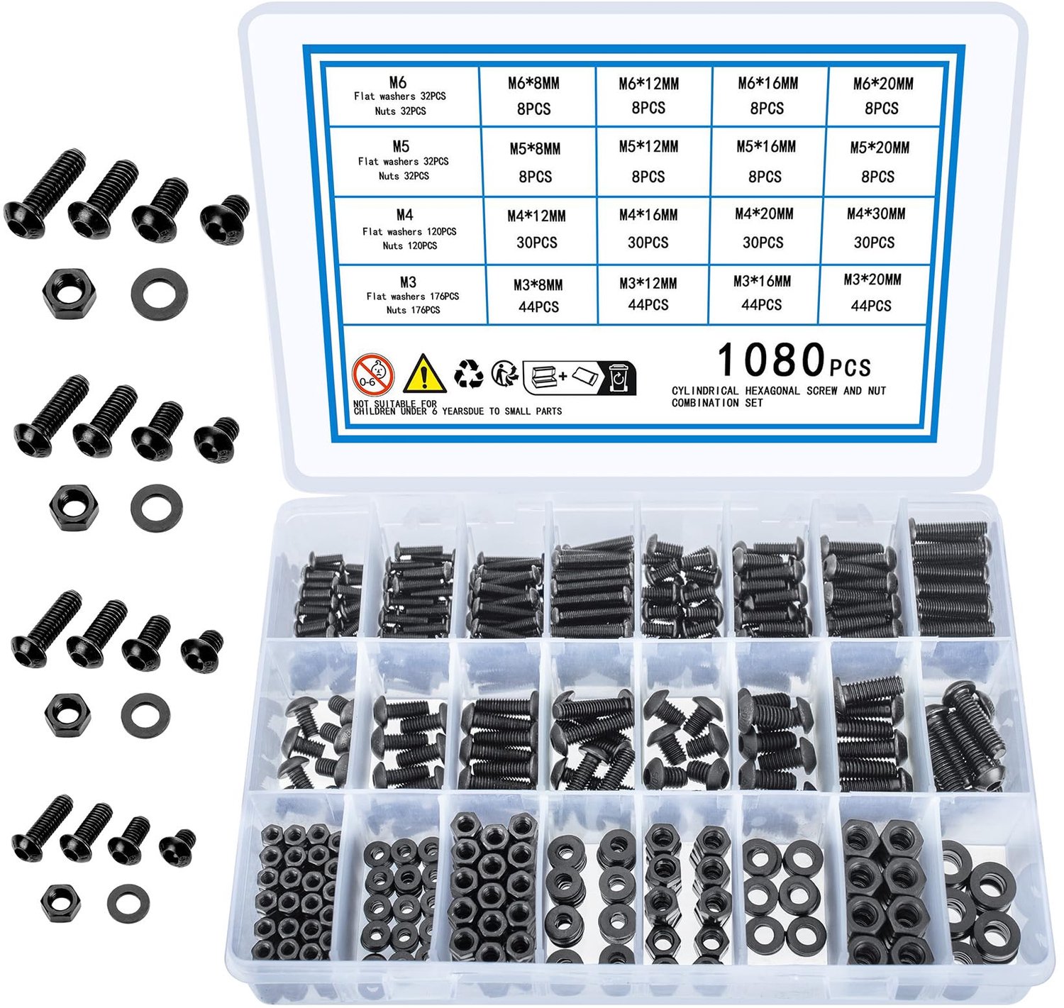 Metrische Schroefset M3, M4, M5, M6 met 1080 Stuks