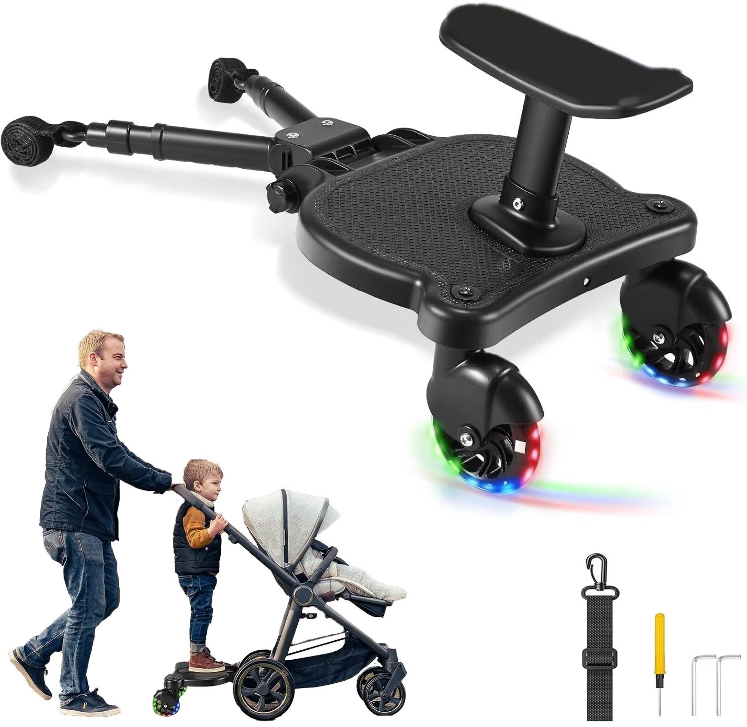 CreateEcom kinderwagen accessoires - kinderwagen zitje - buggy accessoires - Universele kinderwagen-opstapplank met zitting - verstelbare buggyplank & 360° draaibare functie ° Wielen voor peuters van 2-6 jaar - zwart