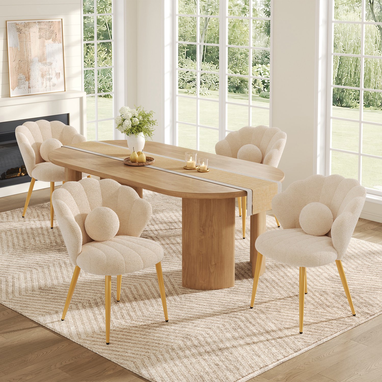 HAUSS SPOLE Eetkamerstoelen - Set van 4 - Kuipstoel met Schelpvormige Rugleuning en Sierkussen - voor Eetkamer en Kaptafel - Teddystof Beige