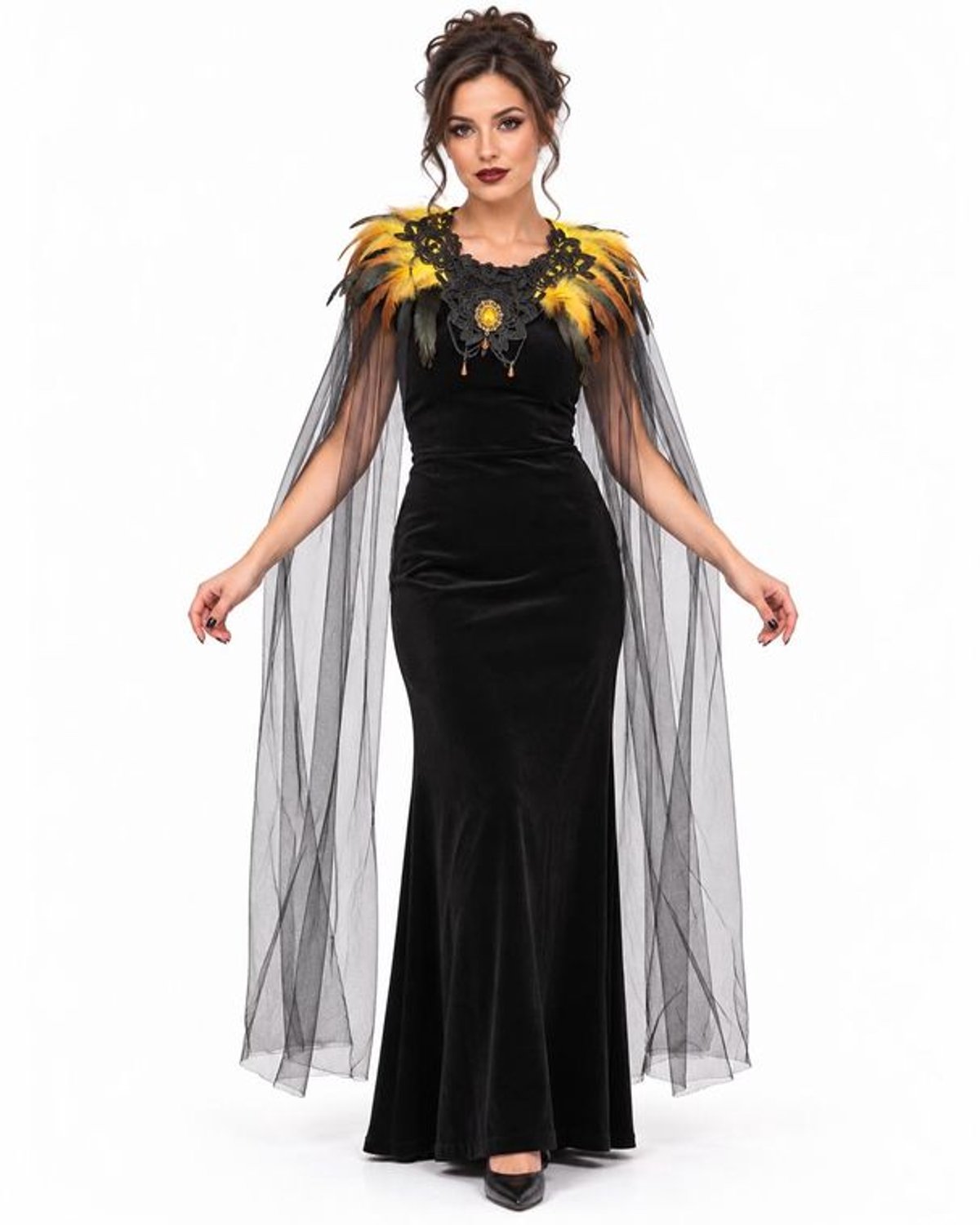 Zwarte Gothic Cape met Geel-Gouden Veren – Transparante stof – Decoratief Juweel – Halloween & Carnaval