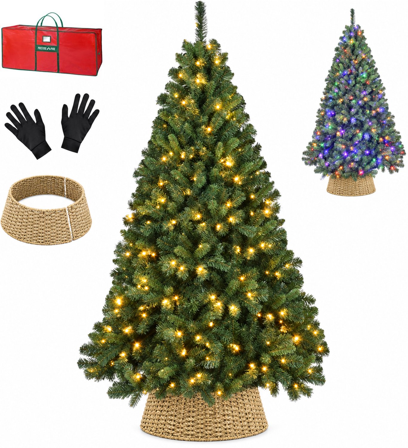 PristinePine Volle Kerstboom met Verlichting (380 LED) en Kerstboommand - 210 cm Kunstkerstboom inclusief zeegras mand en opbergtas - 1404 Takken