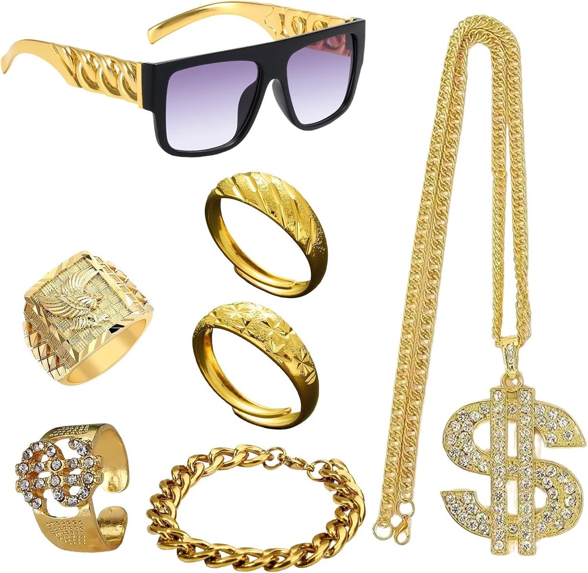 7-delige Hip Hop Kostuum Feestdecoratie met Neppengouden Dollar Sign Ketting, Hippie Ringen en 90s Zonnebril voor Disco en Rapper Themafeest