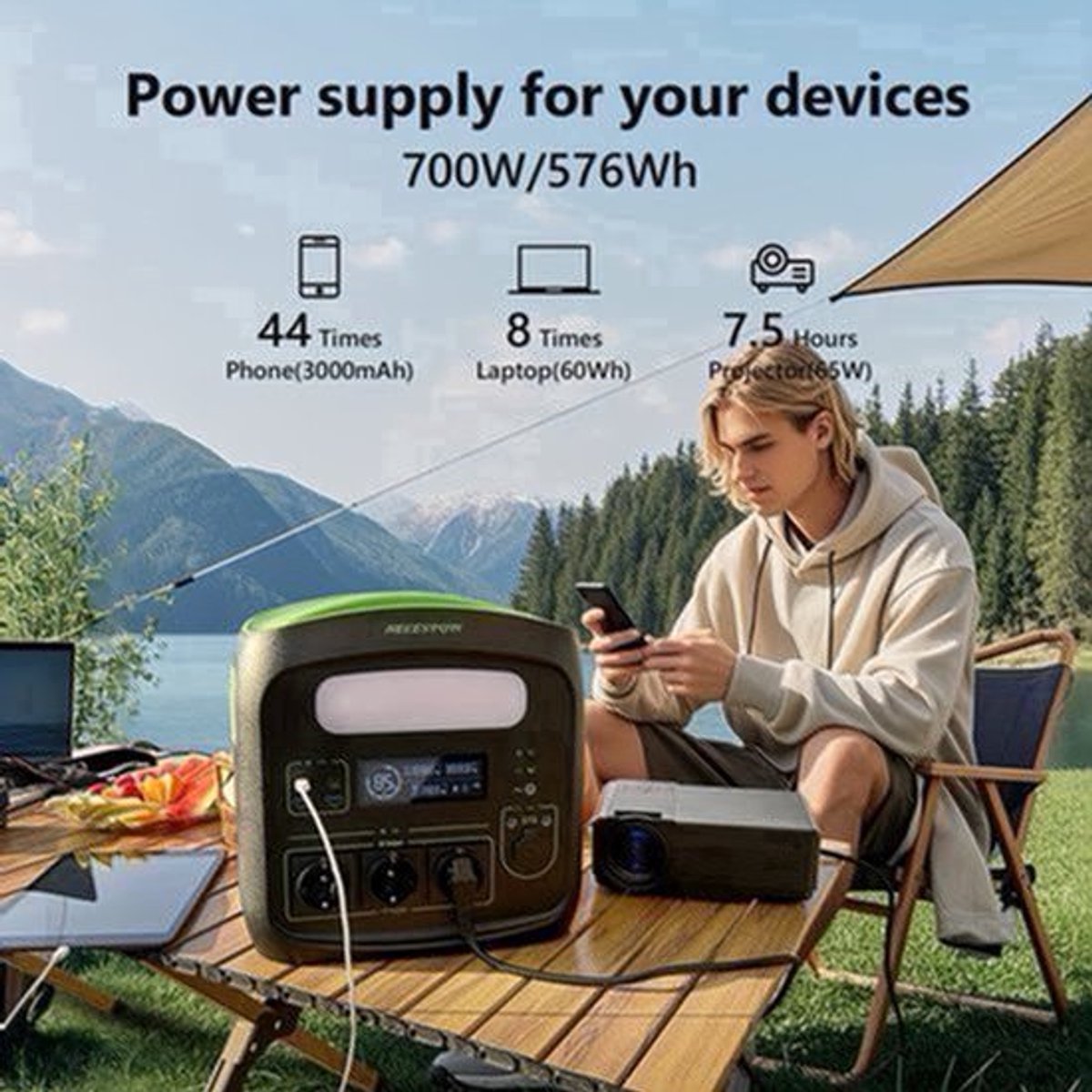 Powerstation – Noodstroomvoorziening – Generator – Camping Accu – Mobiele Energiecentrale – 576Wh LiFePO4 Batterij – 700W Piekvermogen – Zuivere Sinusgolf AC Uitgangen – USB-C PD 100W Snelladen