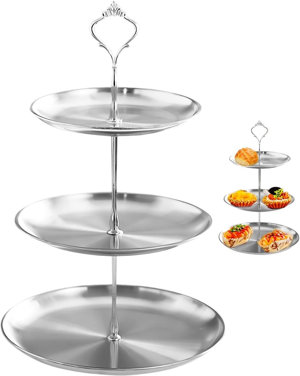 Fruitschaal - 3-laags RVS Taartplateau - Plateau - Display Standaard - 33 cm hoog - Voor Taart, Cupcakes en Desserts - Zilver