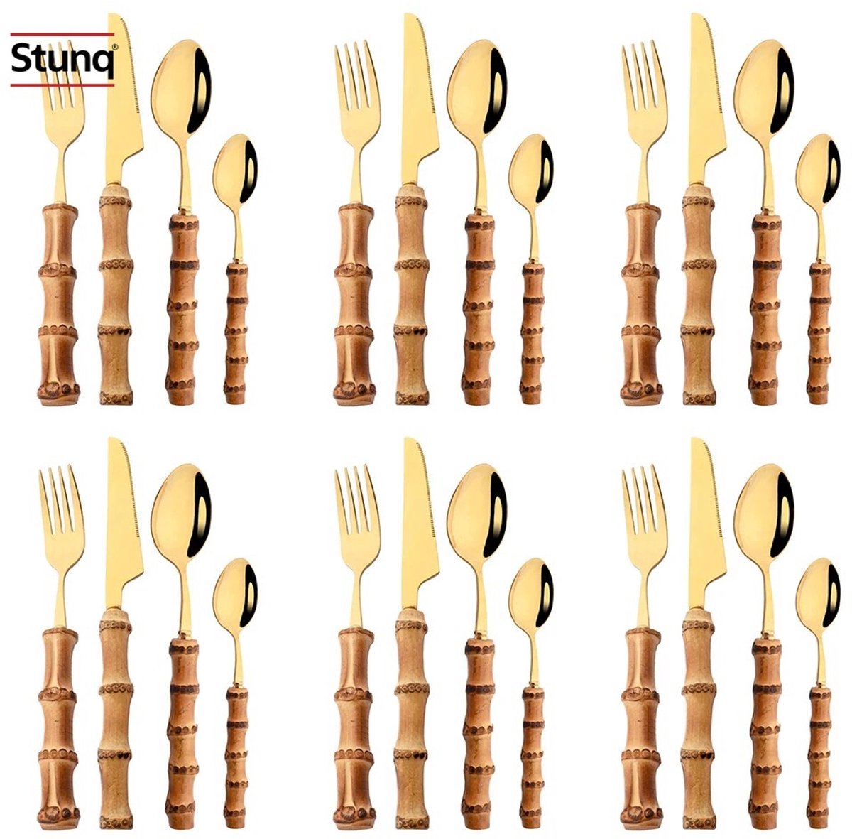 Stunq® Bamboe Bestekset 24-delig Goud RVS - 6 Personen
