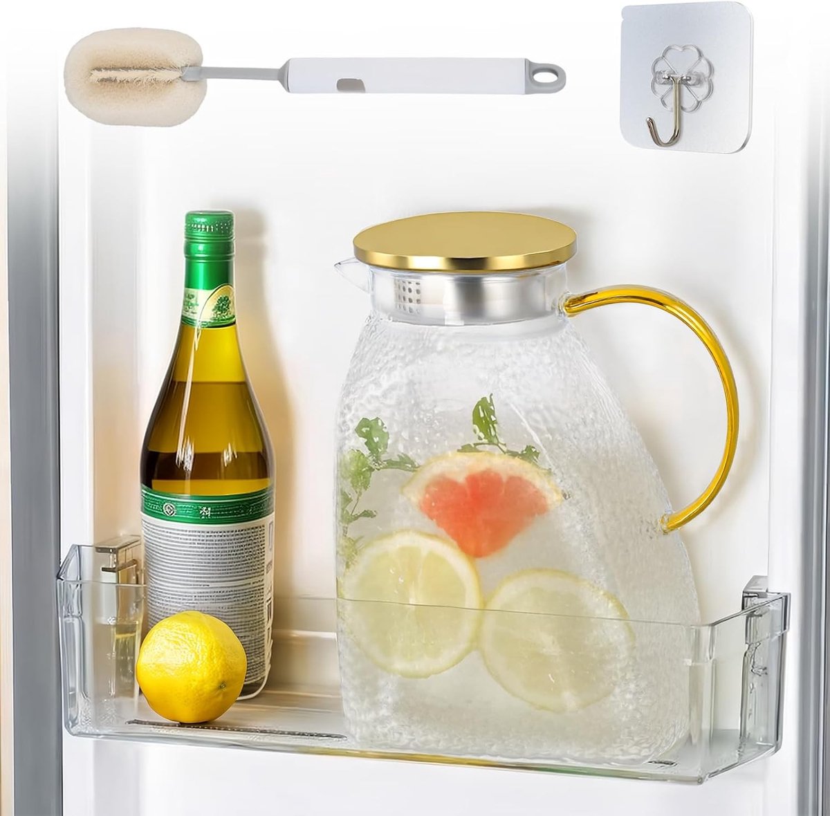 Ruime 1.8 L Glazen Waterkan van Borosilicaatglas met Deksel en Handvat, Ideaal voor de Koelkast, Inclusief Schoonmaakborstel en Stickers voor Iced Tea en Waterdrankjes