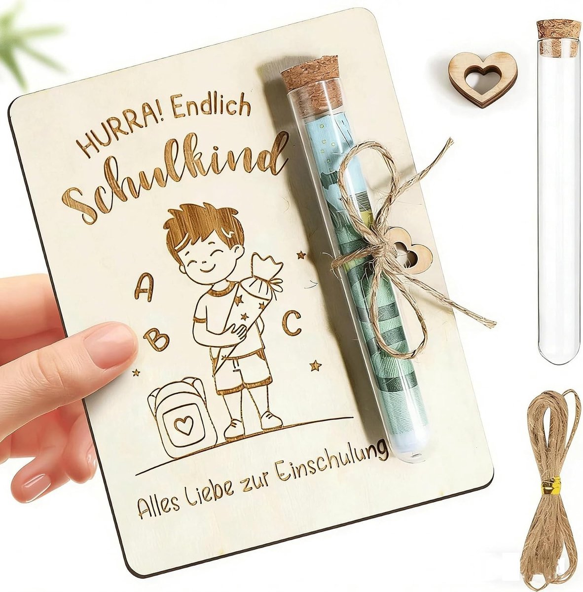 Verpakking voor geldgeschenk en cadeaubon, inclusief transparante spuit en kurkhouder, ideaal voor eerste schooldag en feestelijke gelegenheden