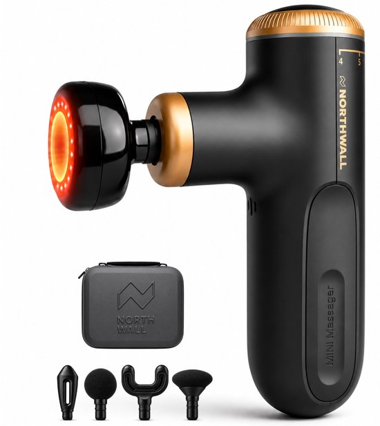 Zwarte Northwall G2 massage gun met gouden accenten, warm massagekop en 4 opzetstukken.