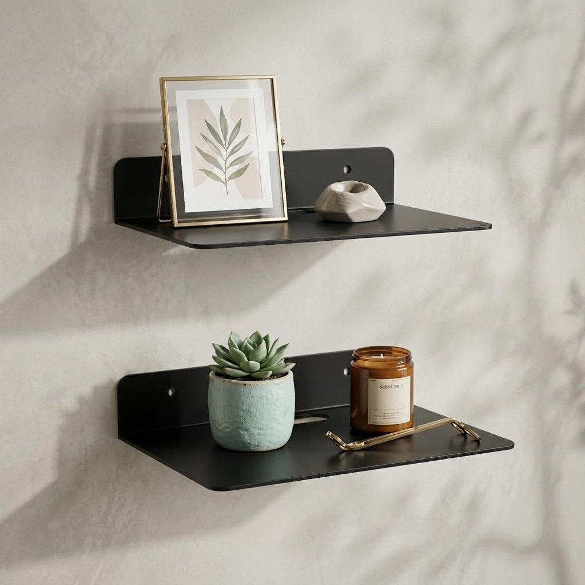 Moderne Wandplank met Kabeldoorvoer - 2-delige Set van Carbon Staal voor Woonkamer, Keuken en Badkamer, Zwart Metalen Drijvende Plank 23x16,5 cm inclusief Bevestigingsschroeven
